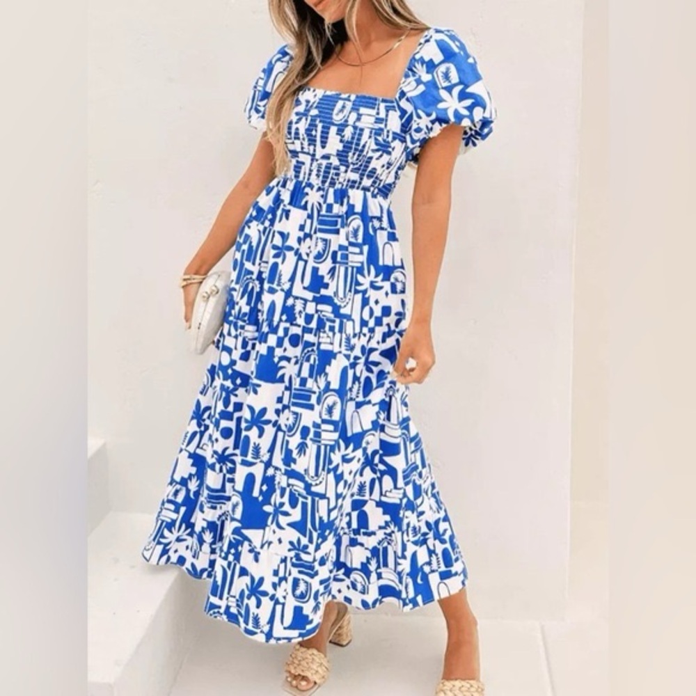 Show Me Your MuMu Afternoon Tea Midi Blue and White Printed Women's Dress